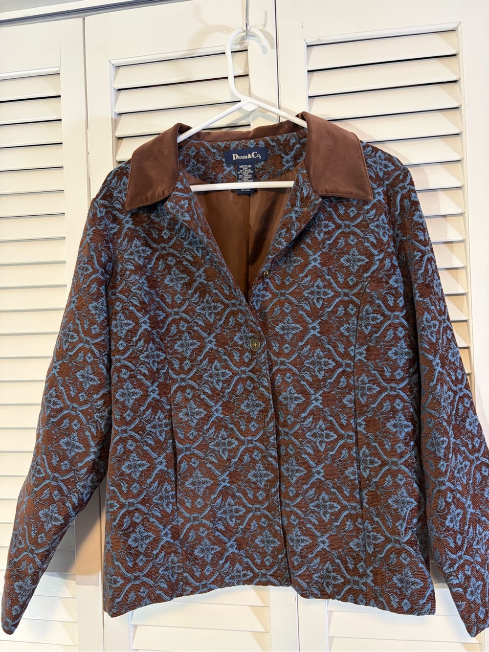 Denim&Co Brown Jacket with Blue Jacquard Pattern